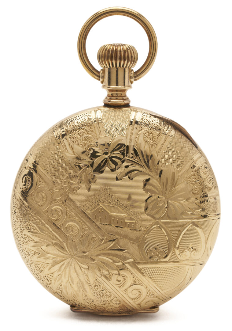 Lot 1286: Gold-Filled Hamilton Grade 940 Pocket Watch, Horse Engraving, & Waltham 1889 Pocket Watch