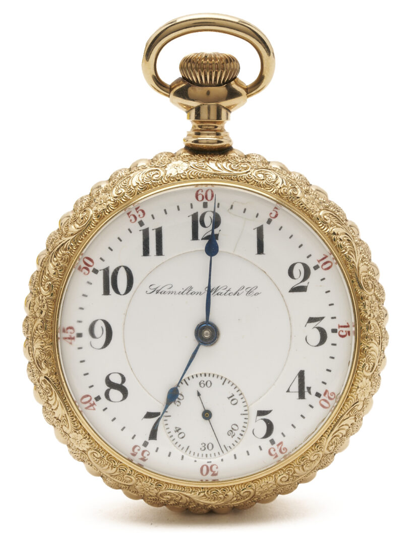 Lot 1286: Gold-Filled Hamilton Grade 940 Pocket Watch, Horse Engraving, & Waltham 1889 Pocket Watch