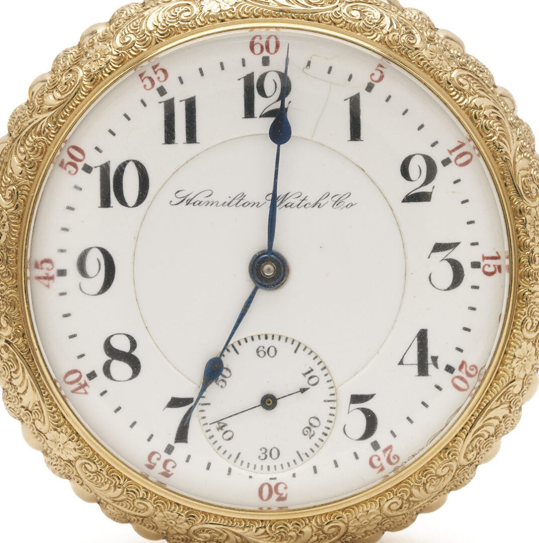 Lot 1286: Gold-Filled Hamilton Grade 940 Pocket Watch, Horse Engraving, & Waltham 1889 Pocket Watch