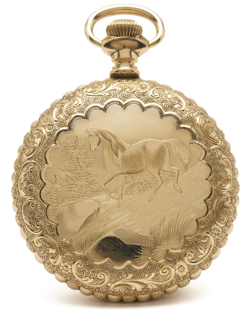 Lot 1286: Gold-Filled Hamilton Grade 940 Pocket Watch, Horse Engraving, & Waltham 1889 Pocket Watch
