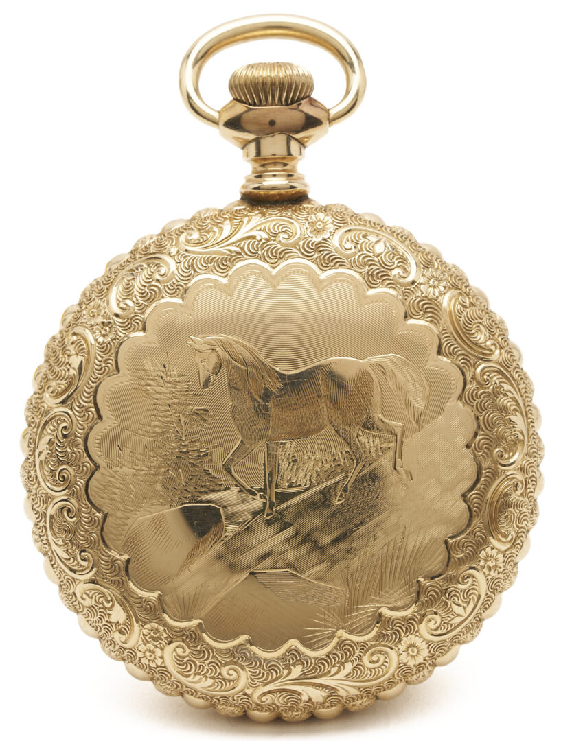 Lot 1286: Gold-Filled Hamilton Grade 940 Pocket Watch, Horse Engraving, & Waltham 1889 Pocket Watch