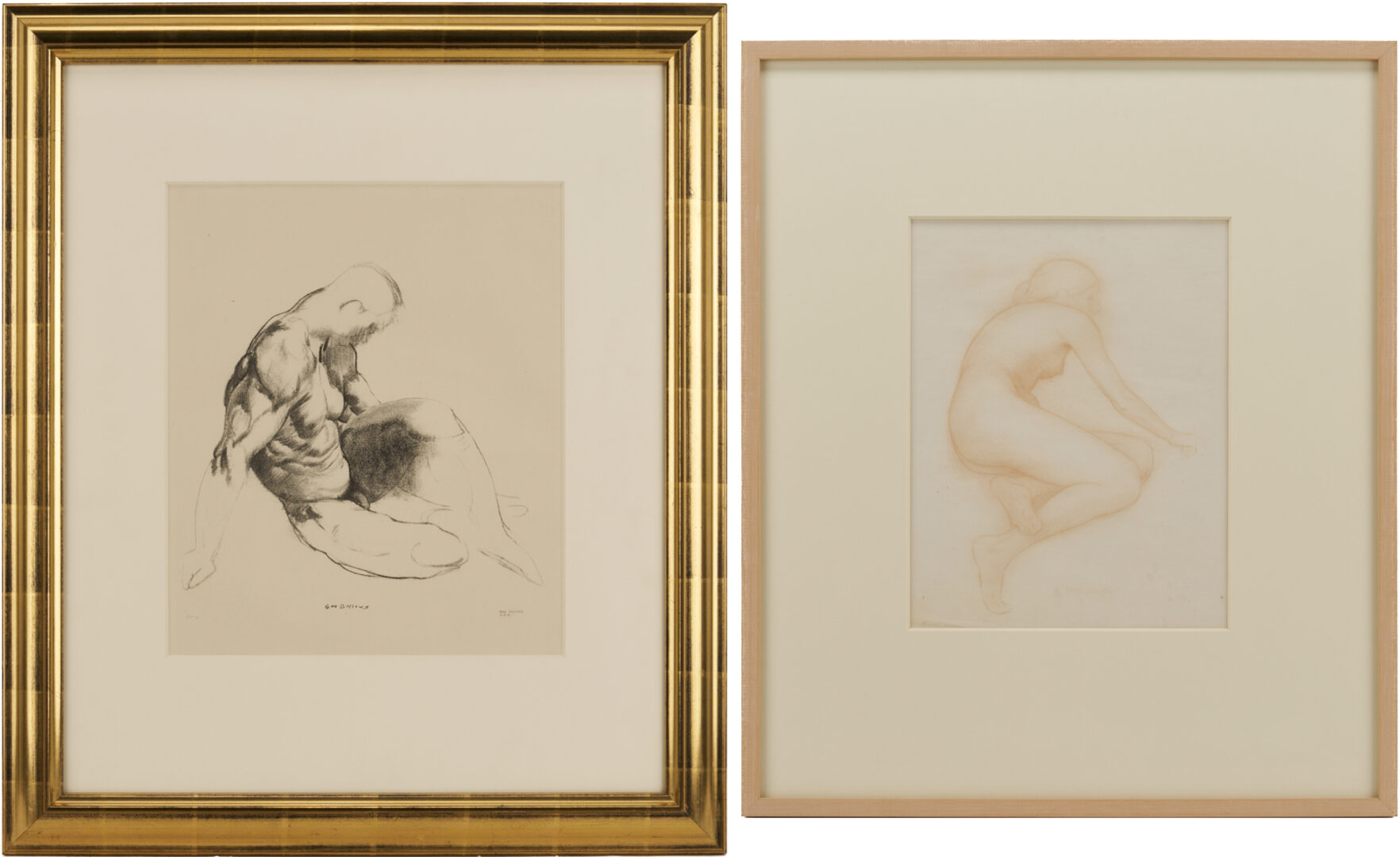 Lot 1293: 2 George Bellows & Bolton Brown Nude Lithographs, Male Torso & Model Crouching
