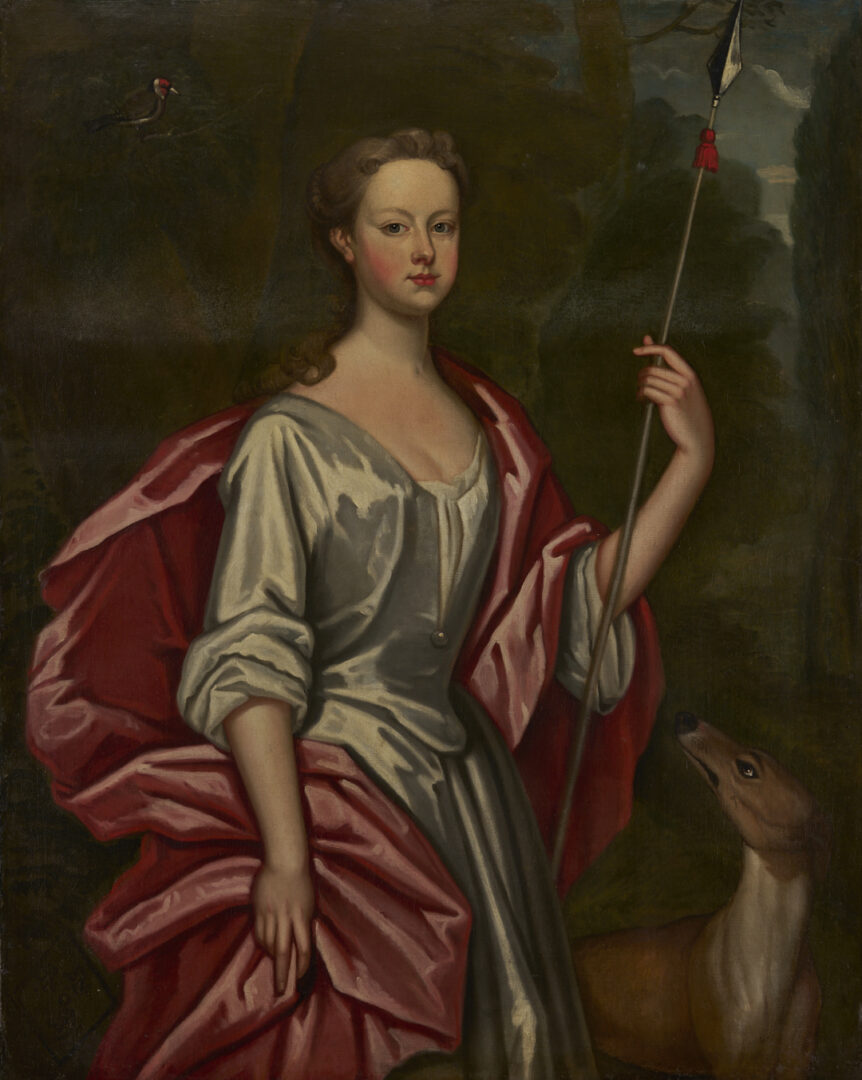 Lot 129: Large O/C English 18th C. Portrait, Martha Benet Legh of Lyme Park as Diana