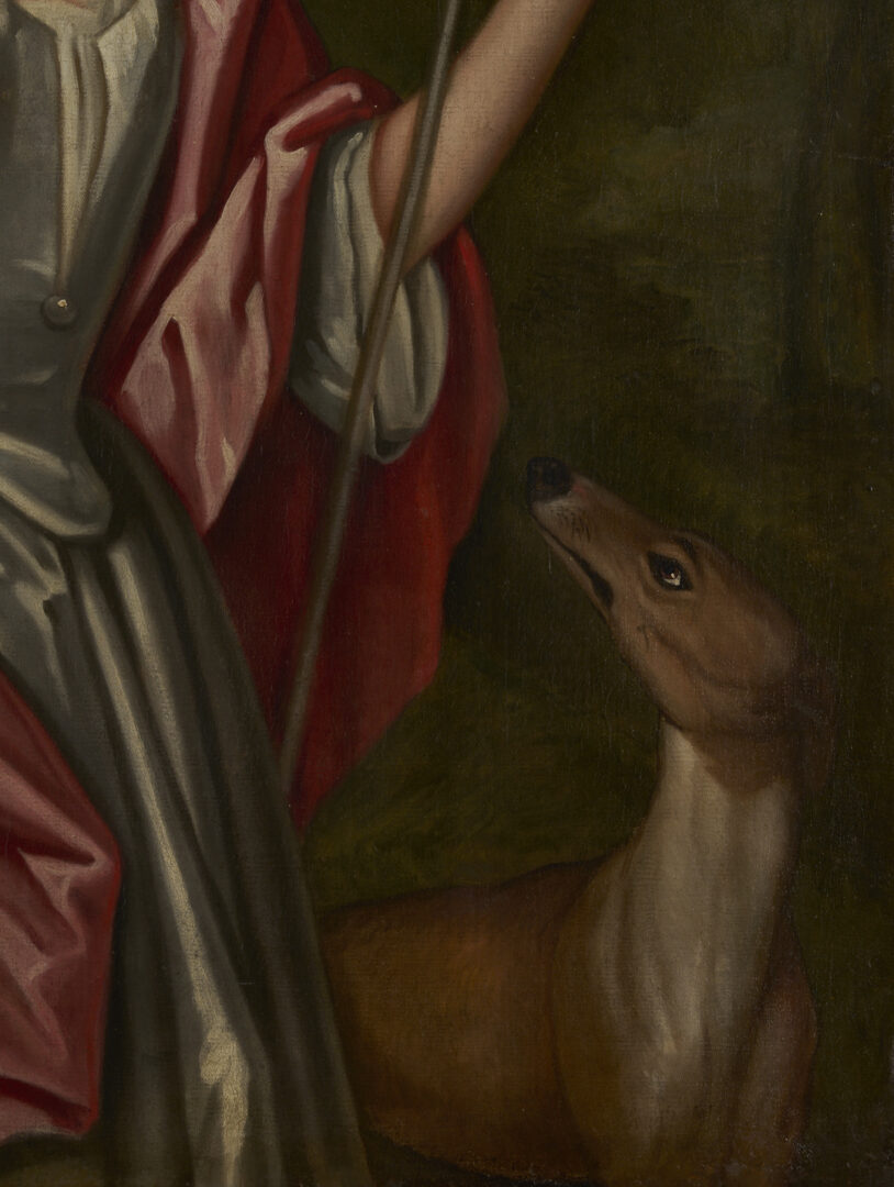 Lot 129: Large O/C English 18th C. Portrait, Martha Benet Legh of Lyme Park as Diana