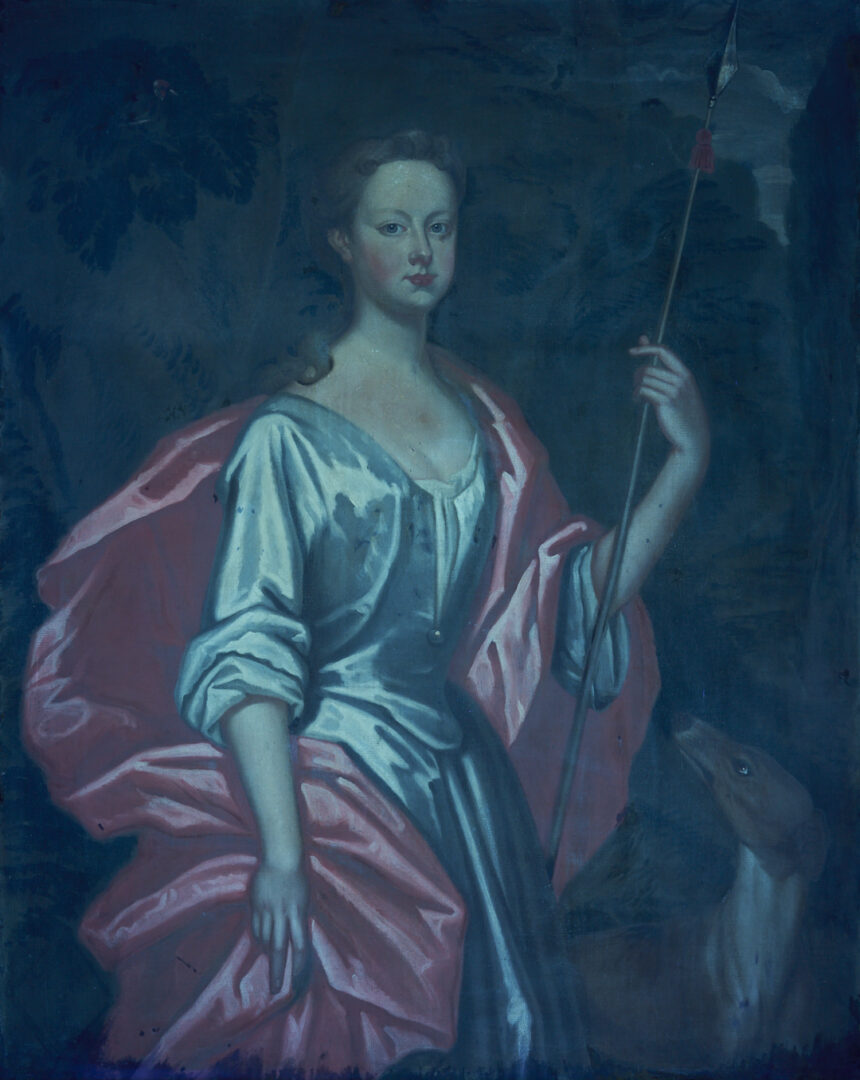 Lot 129: Large O/C English 18th C. Portrait, Martha Benet Legh of Lyme Park as Diana