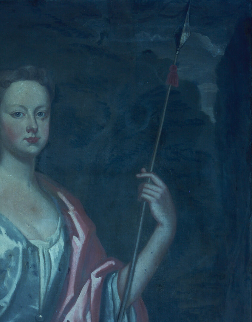 Lot 129: Large O/C English 18th C. Portrait, Martha Benet Legh of Lyme Park as Diana