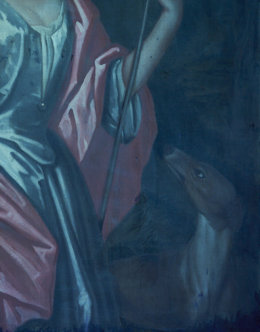 Lot 129: Large O/C English 18th C. Portrait, Martha Benet Legh of Lyme Park as Diana