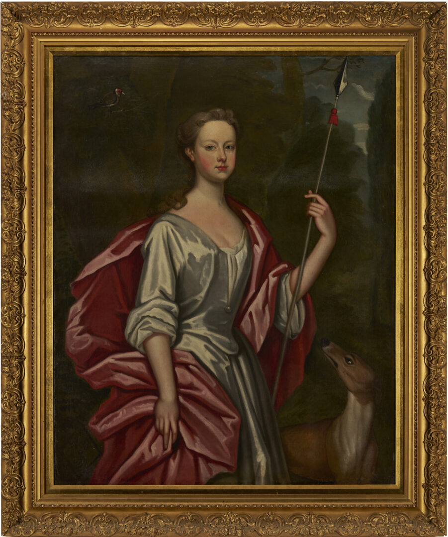 Lot 129: Large O/C English 18th C. Portrait, Martha Benet Legh of Lyme Park as Diana