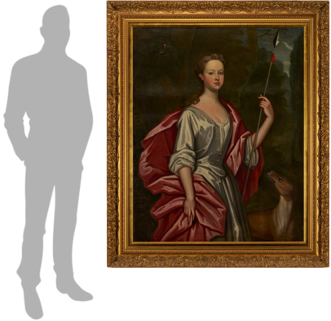Lot 129: Large O/C English 18th C. Portrait, Martha Benet Legh of Lyme Park as Diana