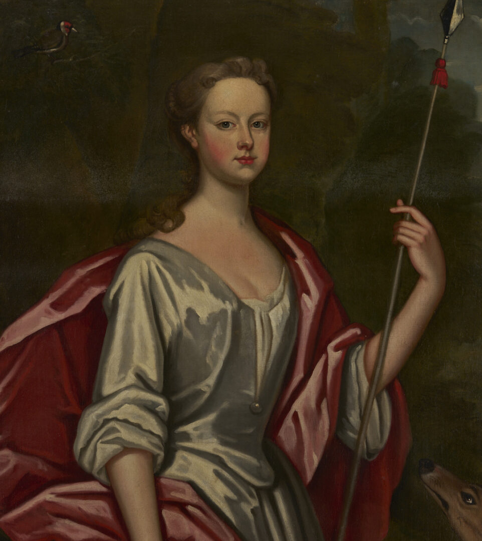 Lot 129: Large O/C English 18th C. Portrait, Martha Benet Legh of Lyme Park as Diana
