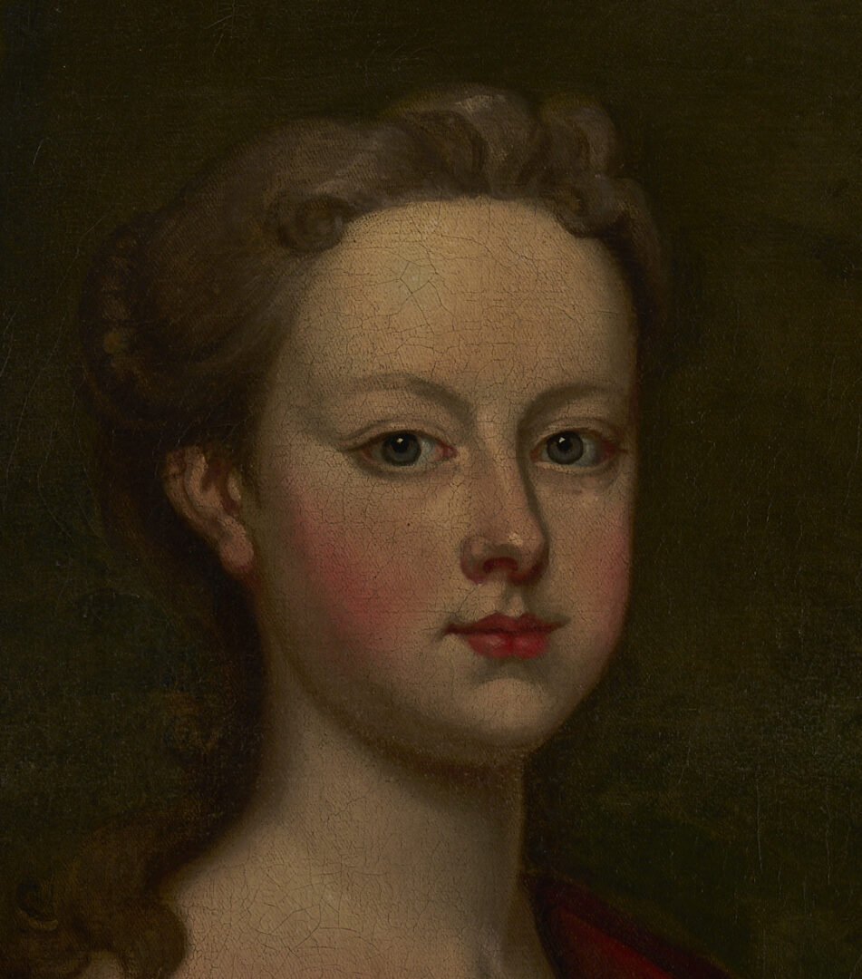 Lot 129: Large O/C English 18th C. Portrait, Martha Benet Legh of Lyme Park as Diana