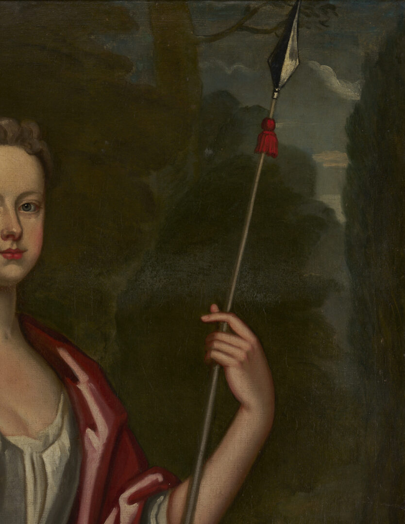Lot 129: Large O/C English 18th C. Portrait, Martha Benet Legh of Lyme Park as Diana
