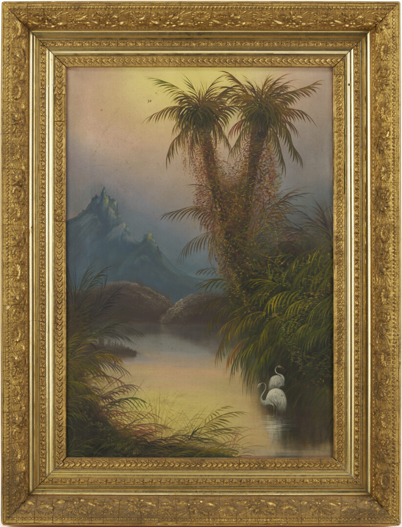 Lot 1300: 19th C. Tropical Sunset Landscape, Oil on Canvas