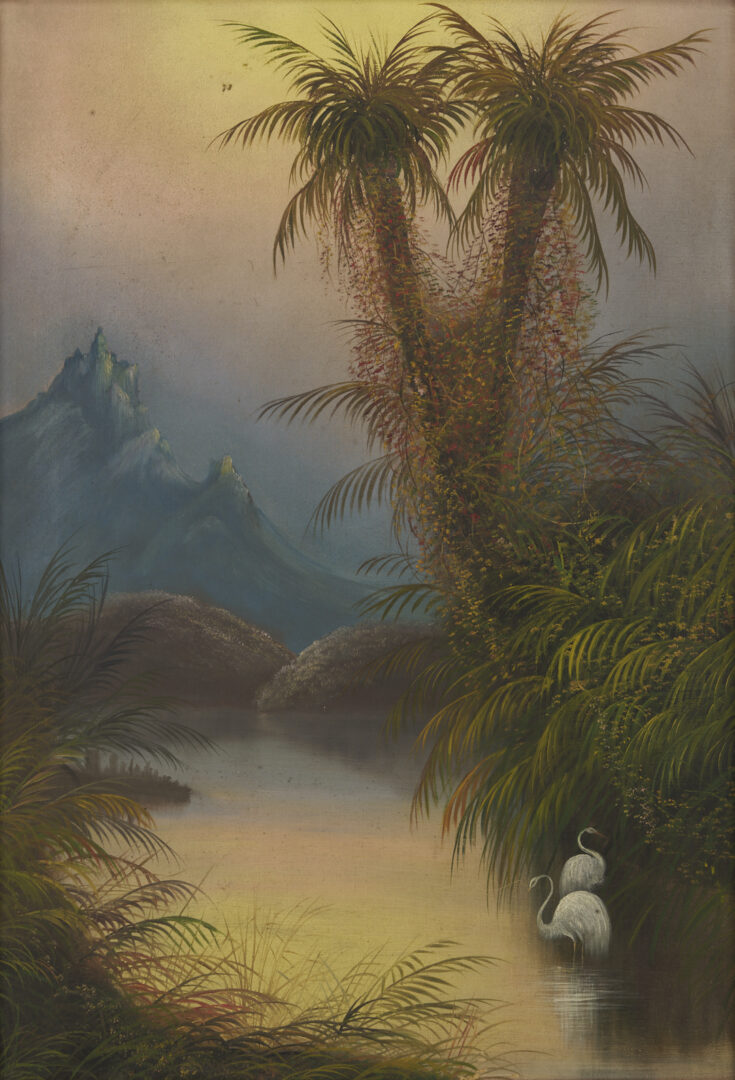 Lot 1300: 19th C. Tropical Sunset Landscape, Oil on Canvas