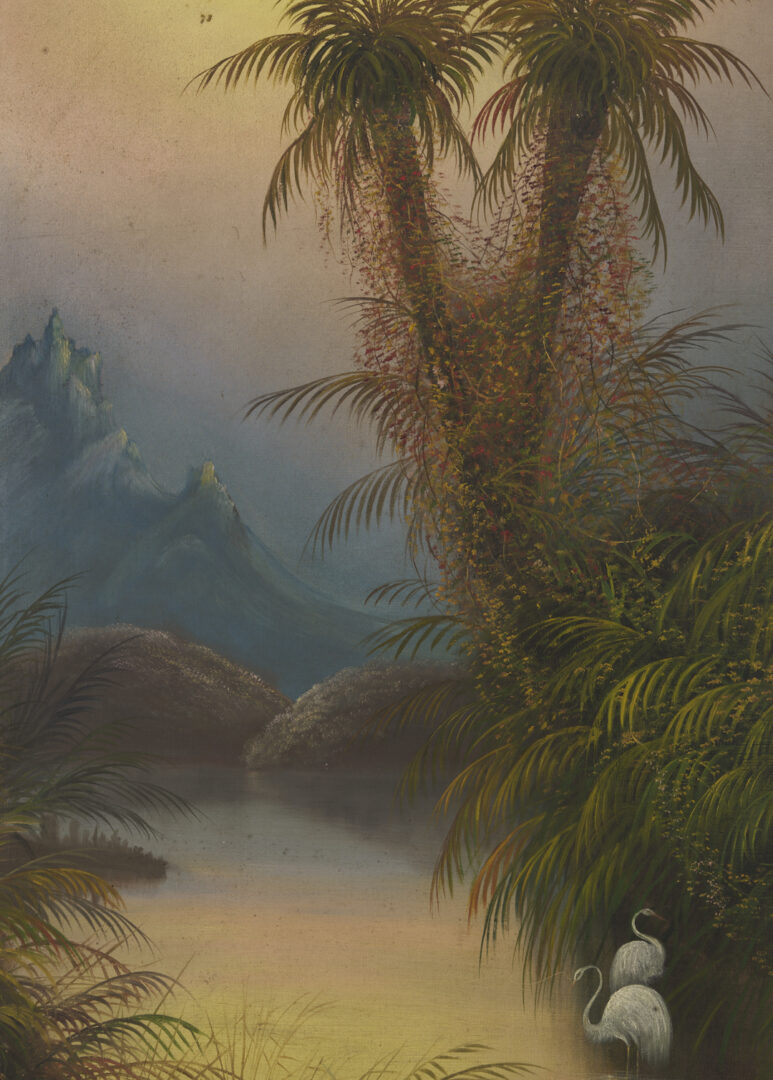 Lot 1300: 19th C. Tropical Sunset Landscape, Oil on Canvas