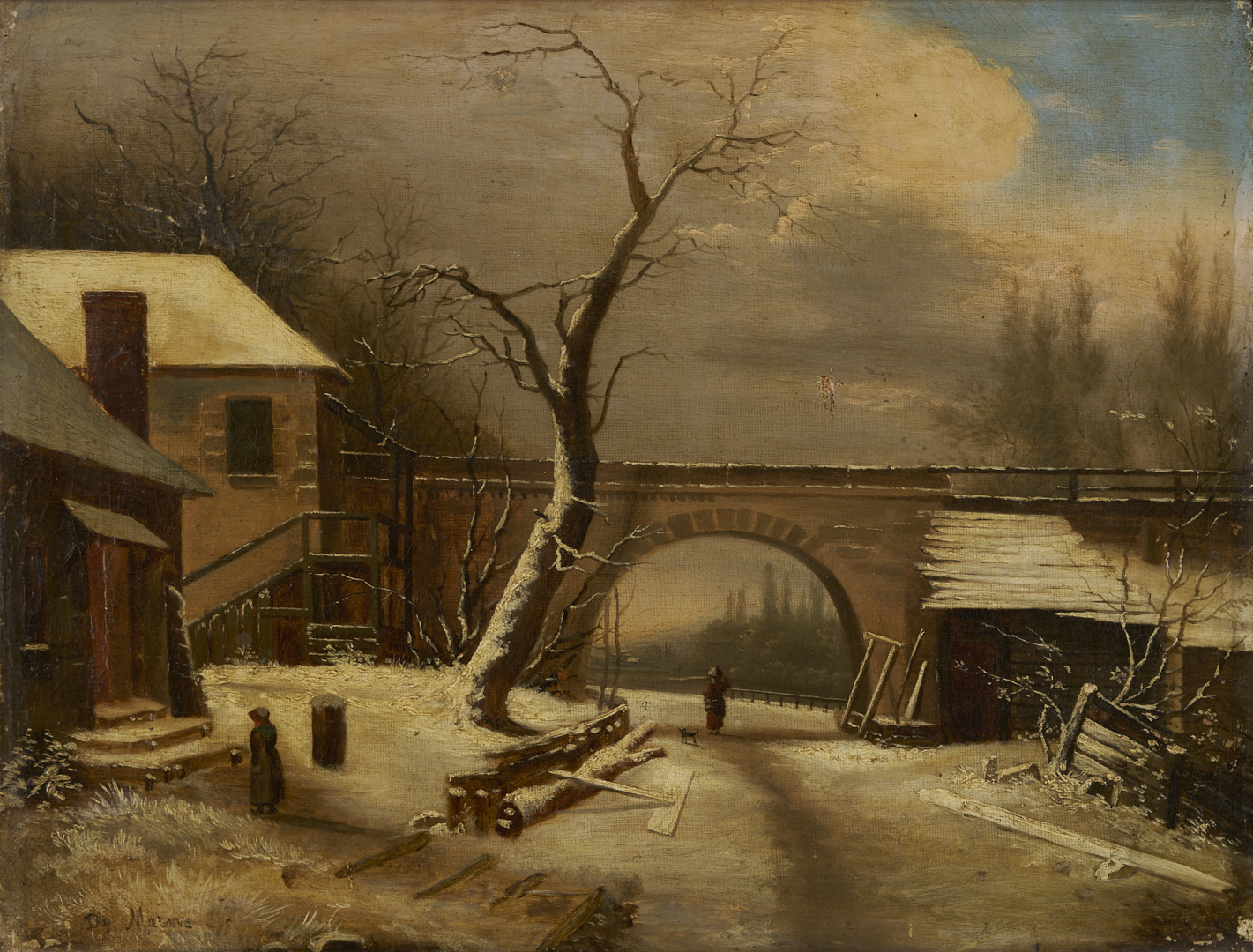 Lot 1303: Continental Winter Landscape Painting, Illegibly Signed
