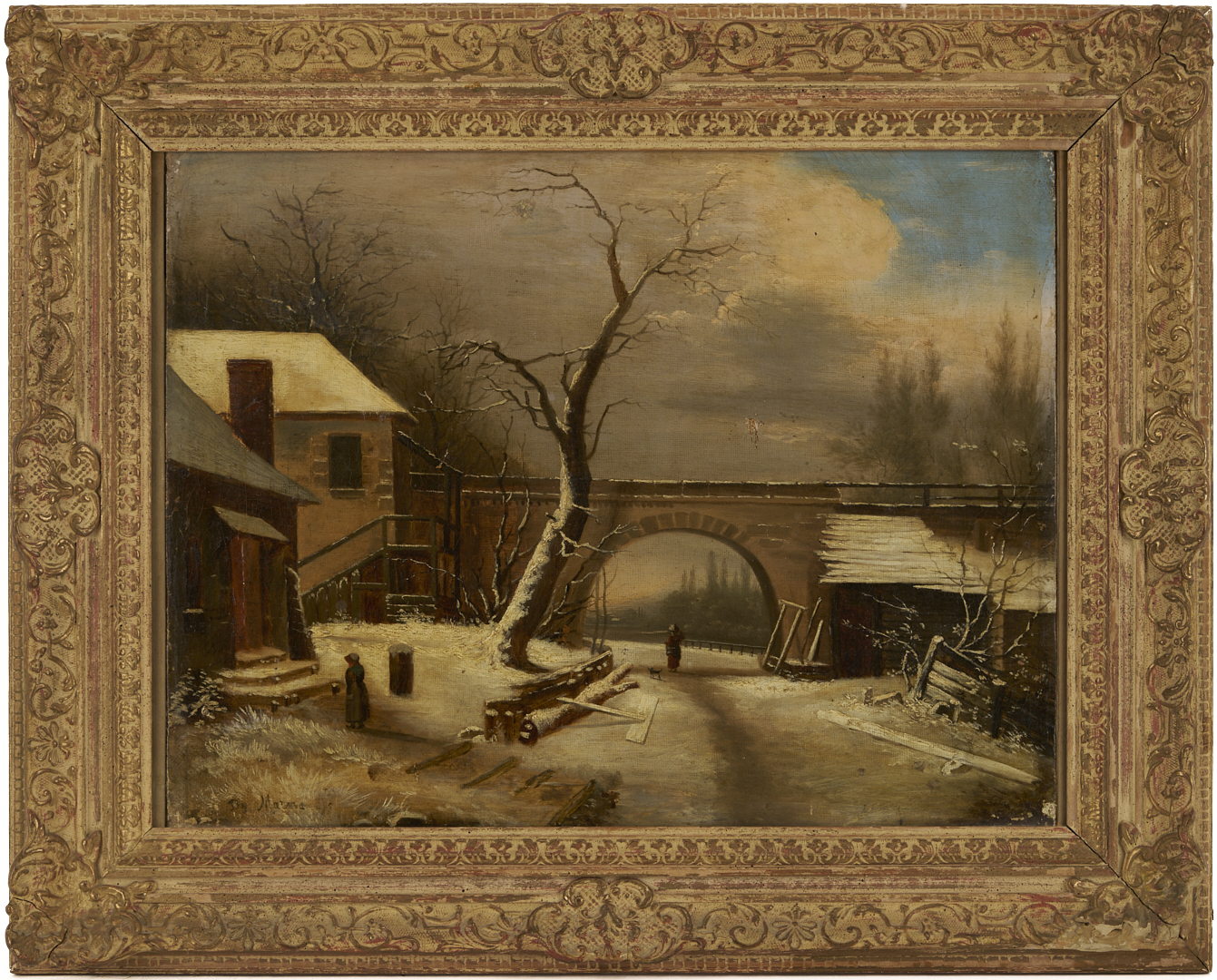 Lot 1303: Continental Winter Landscape Painting, Illegibly Signed