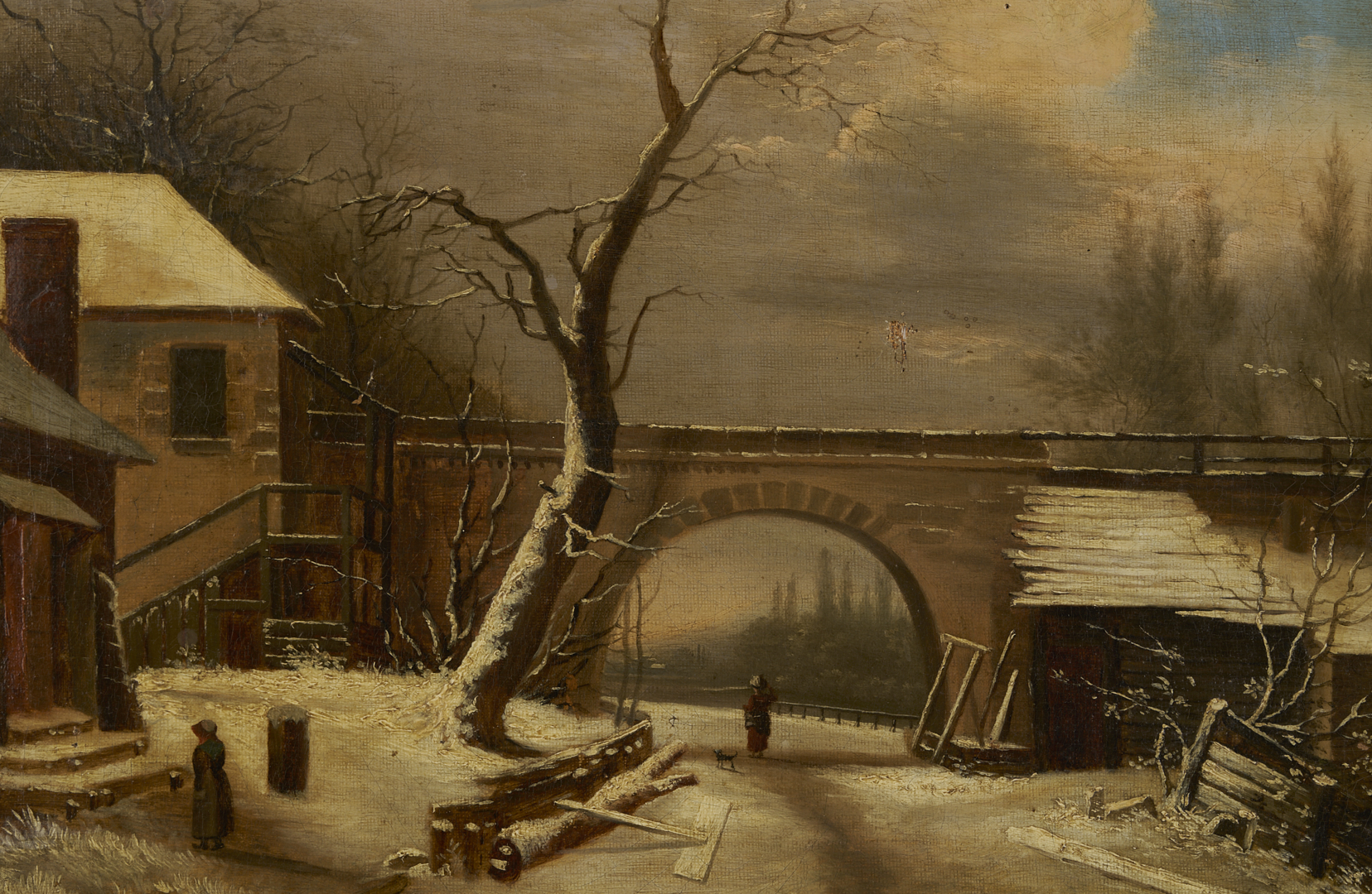 Lot 1303: Continental Winter Landscape Painting, Illegibly Signed