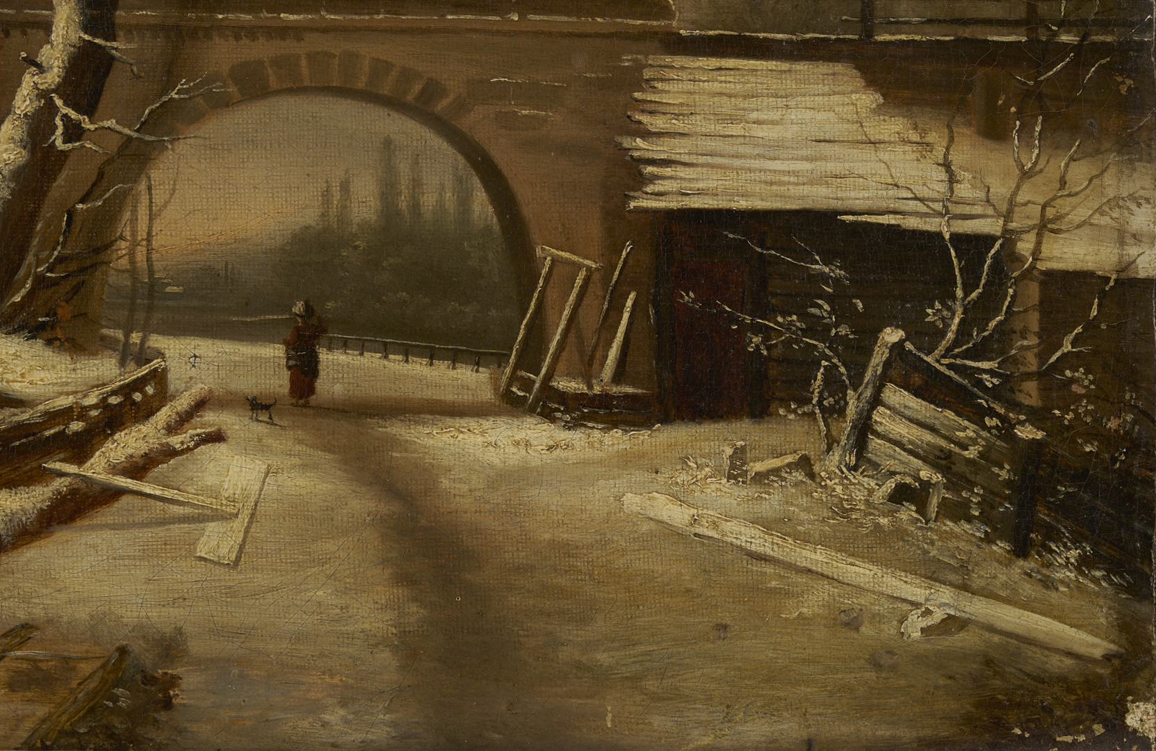 Lot 1303: Continental Winter Landscape Painting, Illegibly Signed