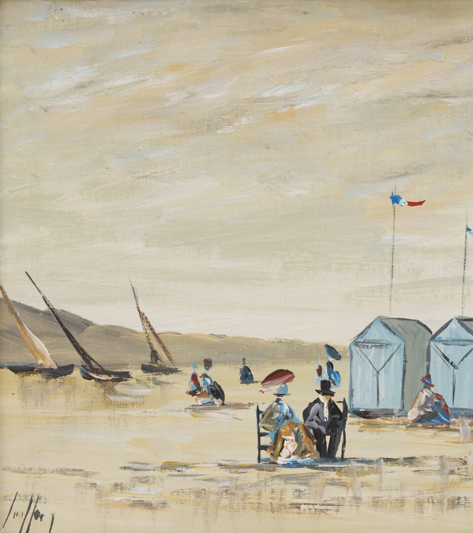 Lot 1304: Pair Small French Beach Scene Paintings, O/C
