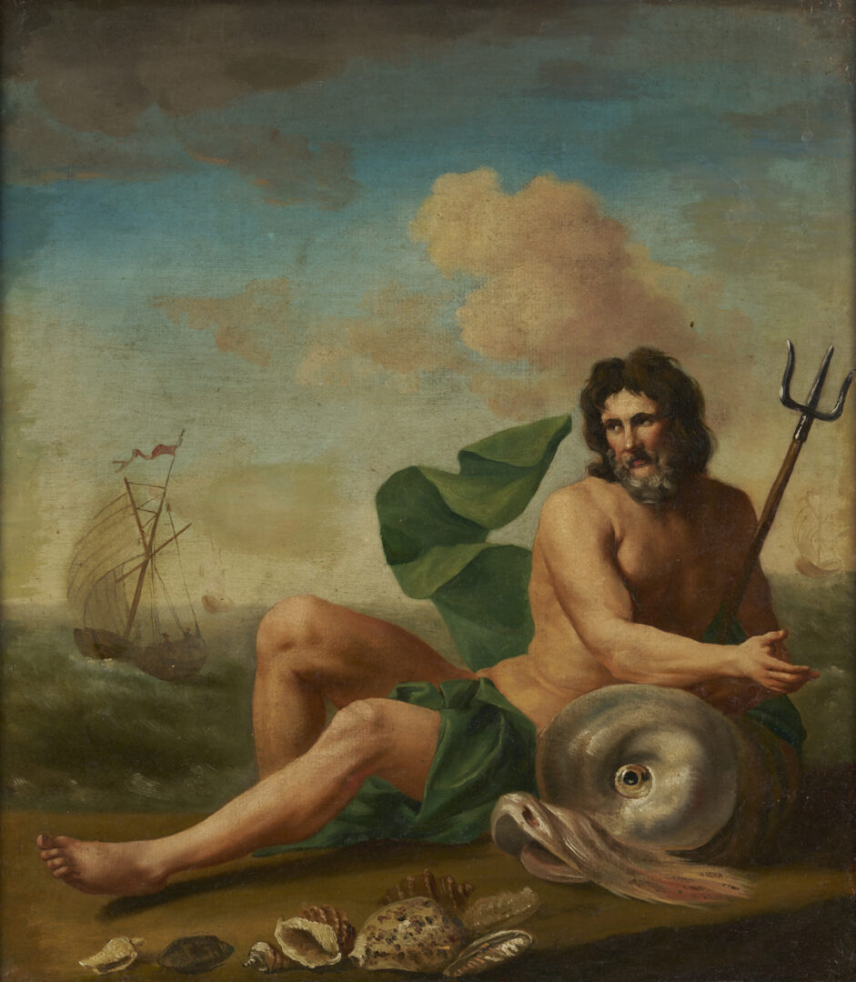 Lot 131: Manner of Abraham Willaerts O/C Mythological Painting of Neptune, Ex- Christies