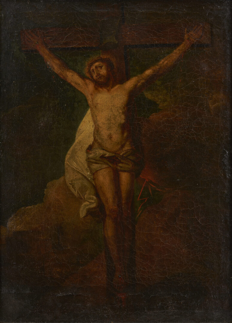 Lot 133: Early O/C Crucifixion Scene Painting