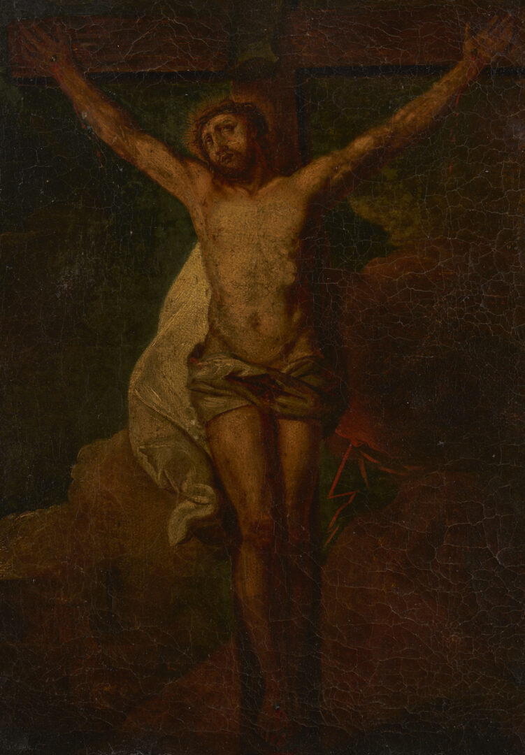 Lot 133: Early O/C Crucifixion Scene Painting