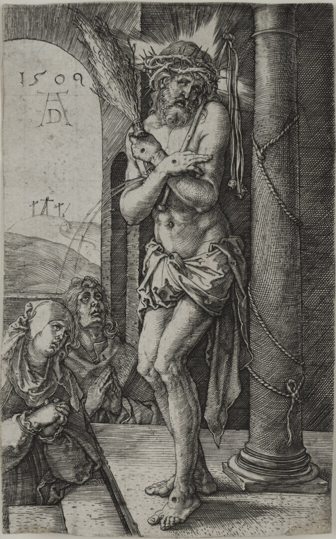 Lot 136: Durer Engraving, Man of Sorrows by the Column from the Engraved Passion