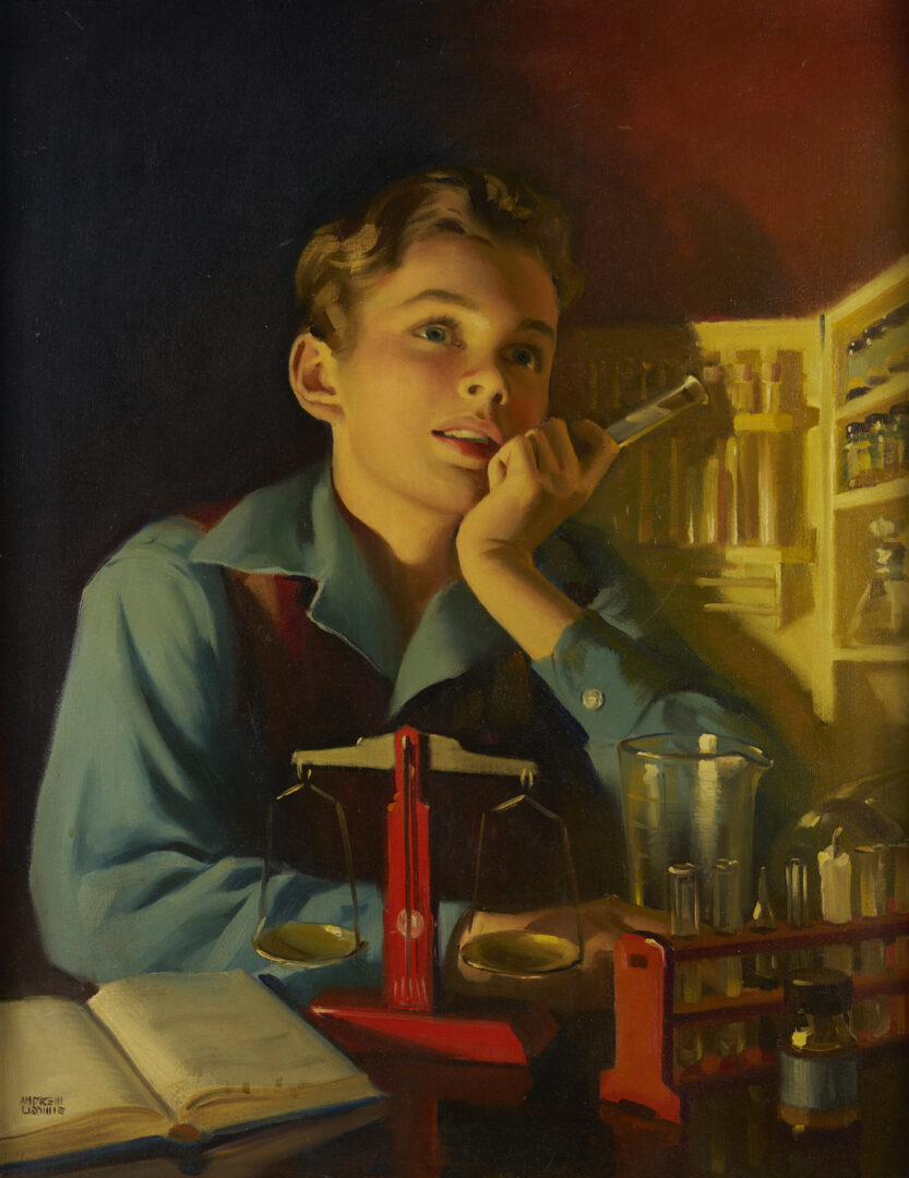 Lot 156: Andrew Loomis O/C Illustration Painting, “Men Wanted in Pharmacy”, c. 1944