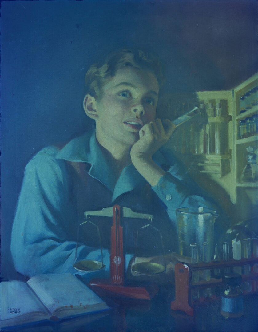 Lot 156: Andrew Loomis O/C Illustration Painting, “Men Wanted in Pharmacy”, c. 1944