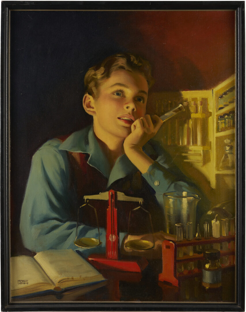 Lot 156: Andrew Loomis O/C Illustration Painting, “Men Wanted in Pharmacy”, c. 1944