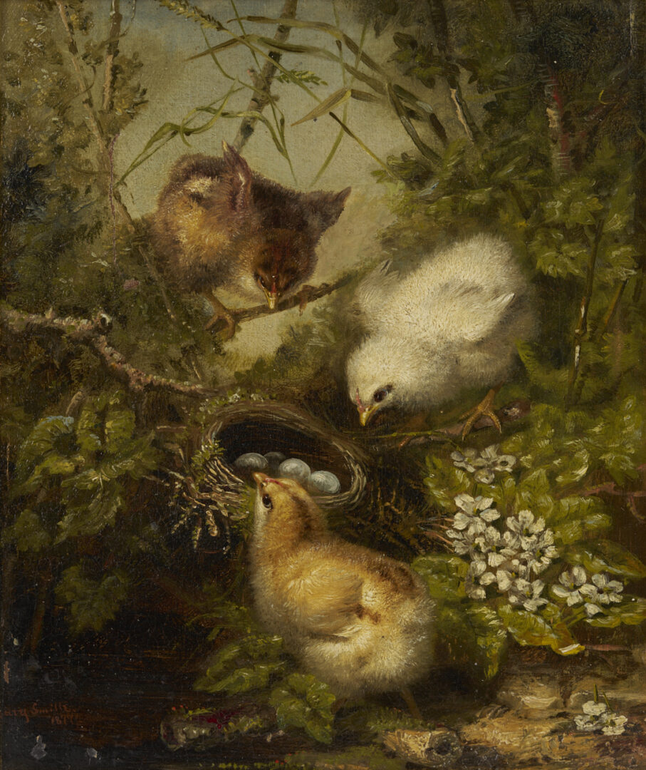 Lot 159: Mary Smith Oil Painting, Three Chicks at Nest