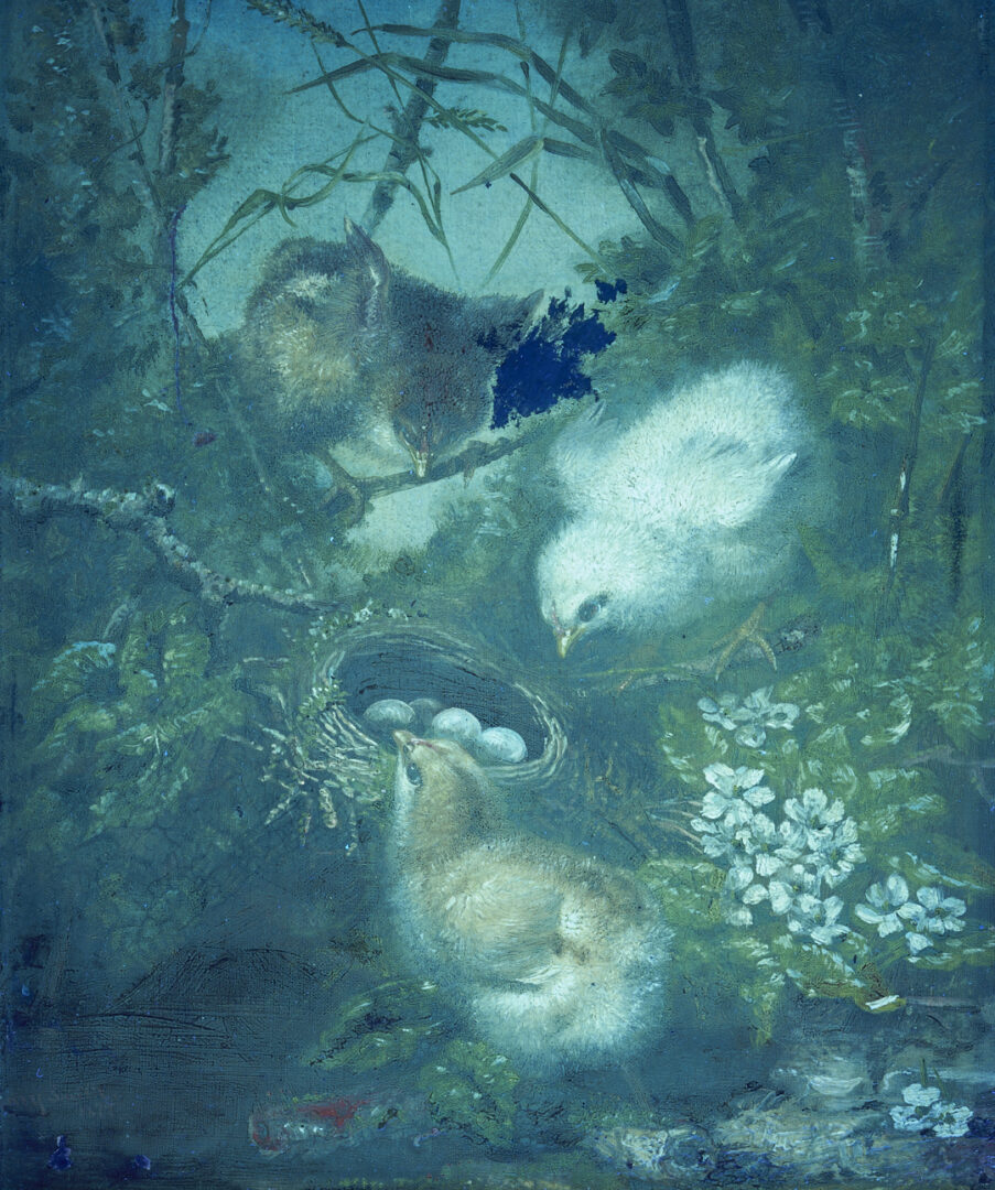 Lot 159: Mary Smith Oil Painting, Three Chicks at Nest