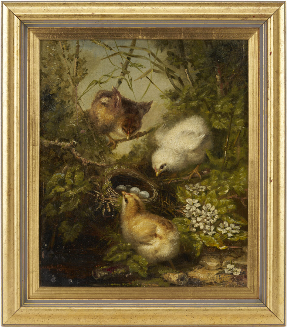 Lot 159: Mary Smith Oil Painting, Three Chicks at Nest