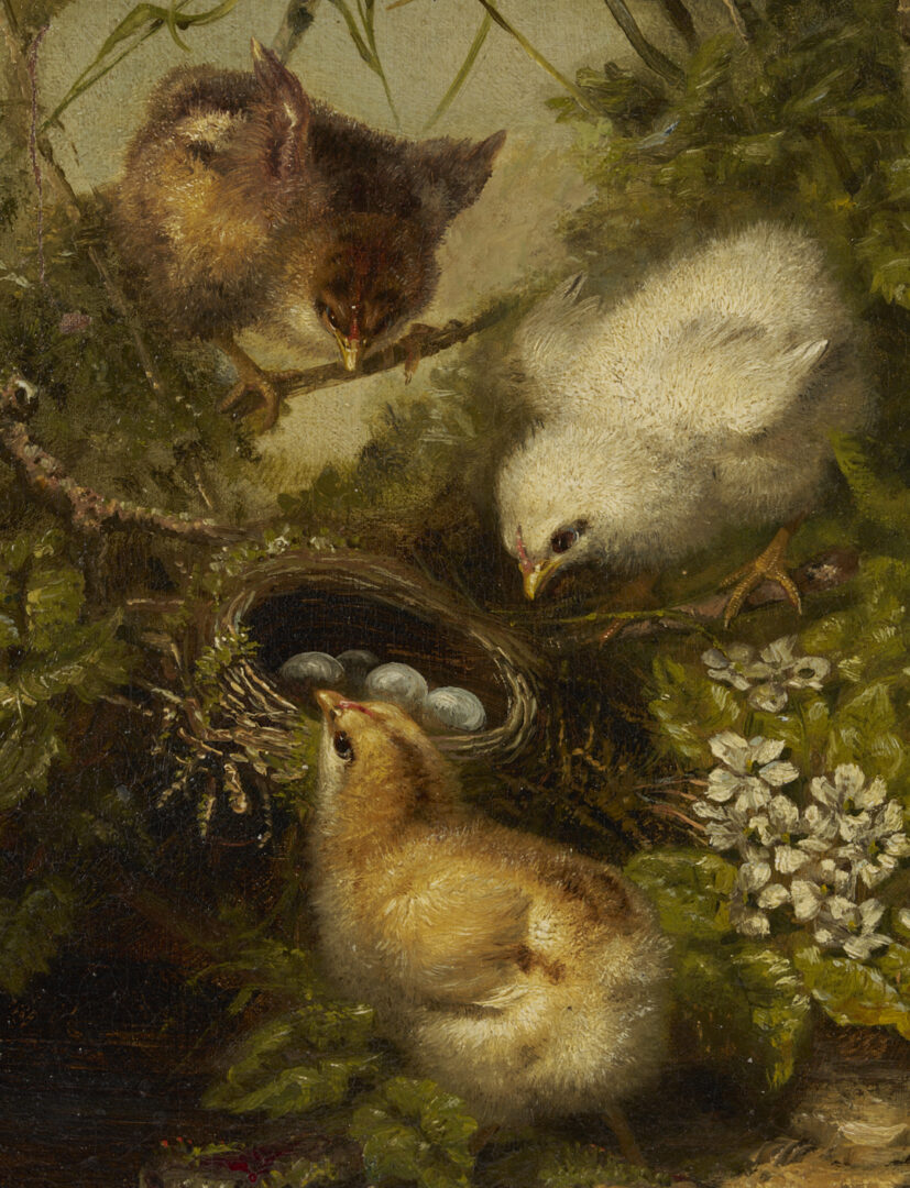 Lot 159: Mary Smith Oil Painting, Three Chicks at Nest