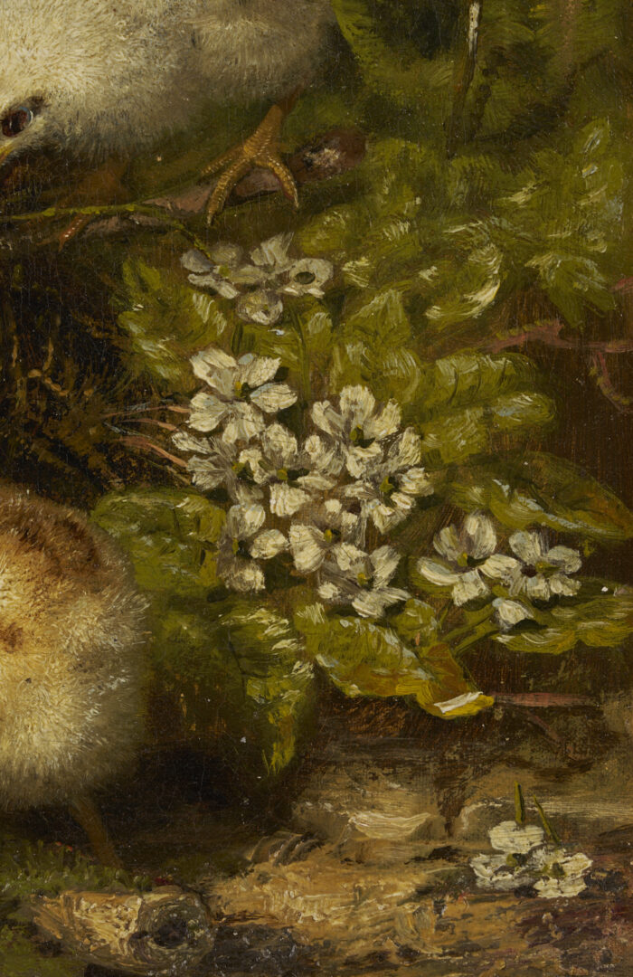 Lot 159: Mary Smith Oil Painting, Three Chicks at Nest
