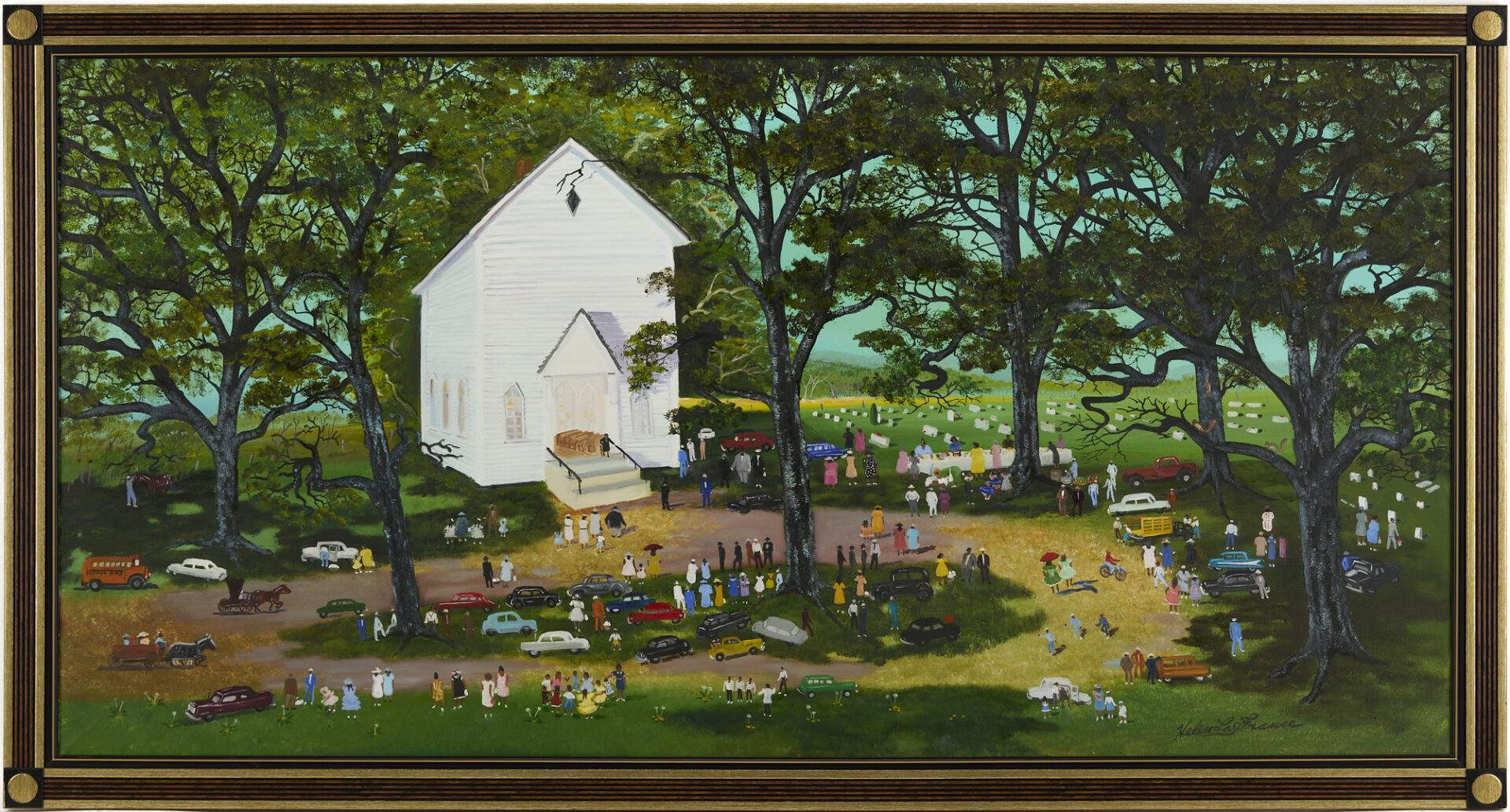 Lot 162: Large Helen Lafrance Large O/C Church Picnic Painting, 60 x 30 in