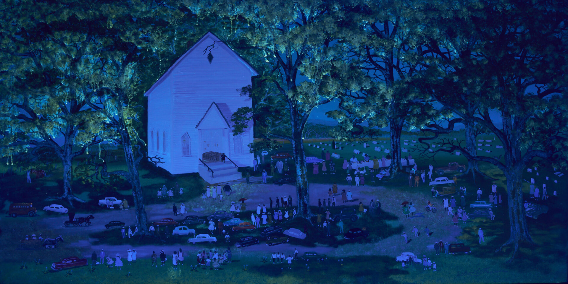 Lot 162: Large Helen Lafrance Large O/C Church Picnic Painting, 60 x 30 in