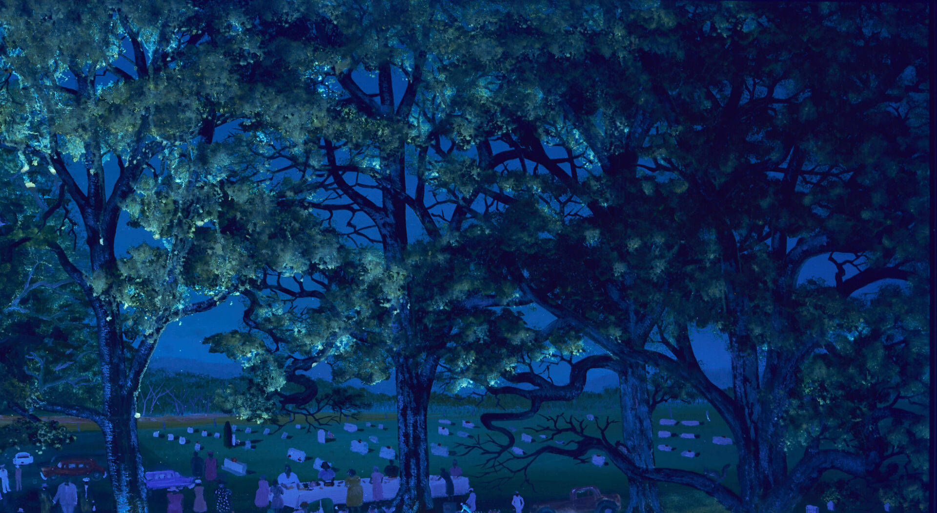 Lot 162: Large Helen Lafrance Large O/C Church Picnic Painting, 60 x 30 in