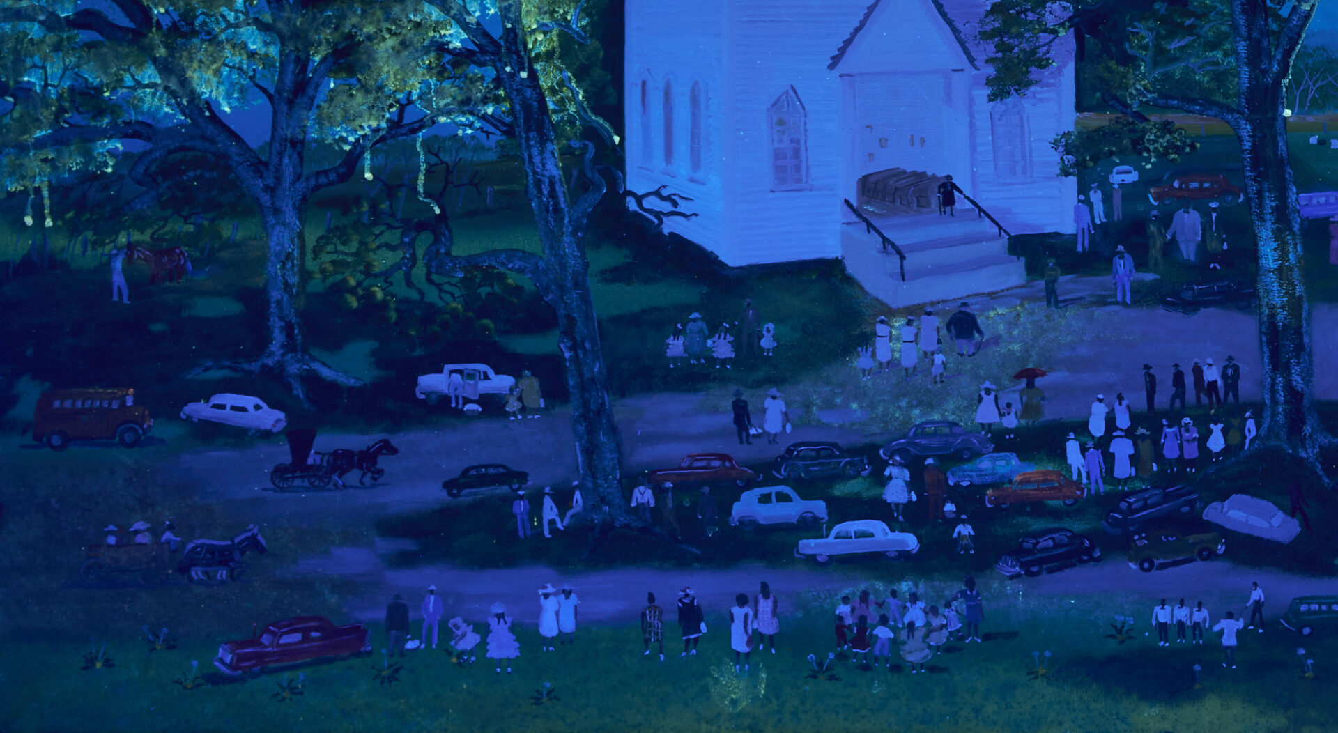 Lot 162: Large Helen Lafrance Large O/C Church Picnic Painting, 60 x 30 in