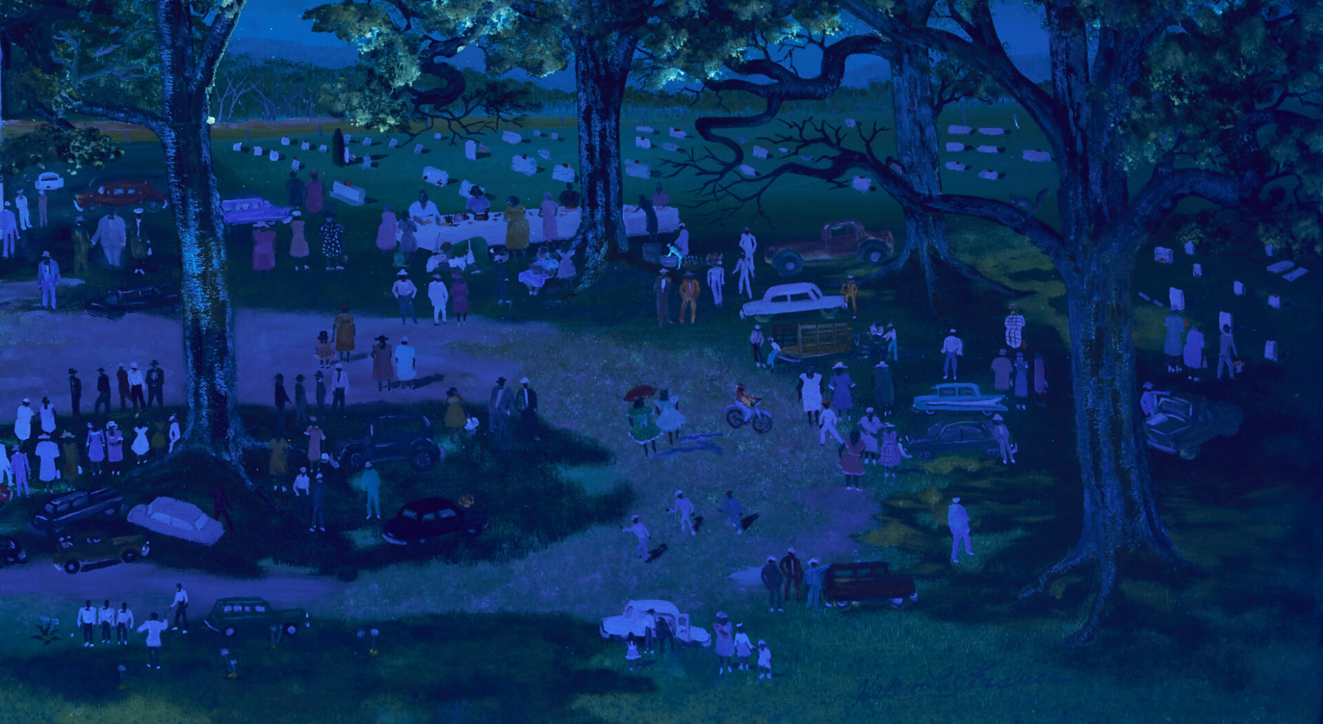 Lot 162: Large Helen Lafrance Large O/C Church Picnic Painting, 60 x 30 in