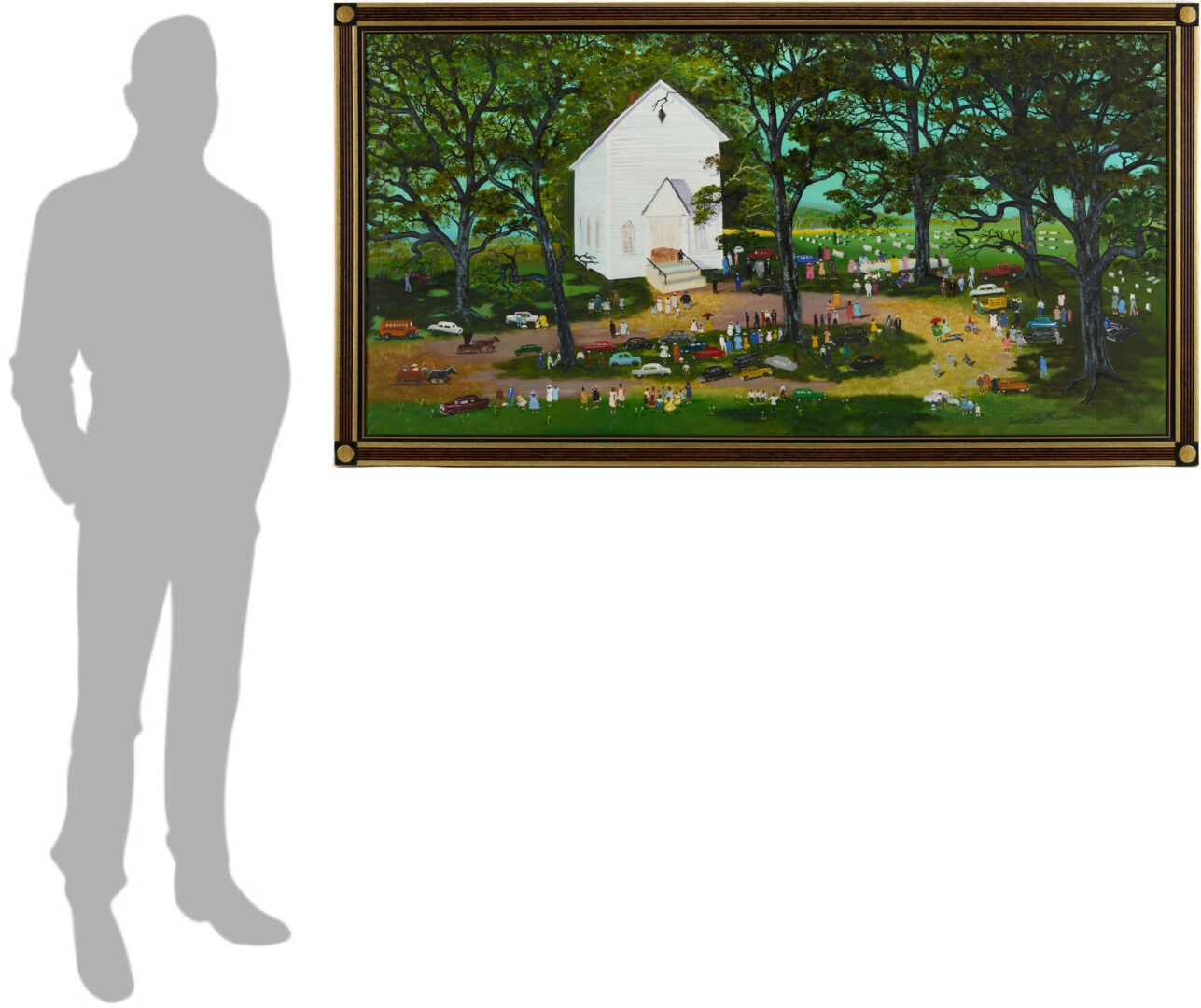 Lot 162: Large Helen Lafrance Large O/C Church Picnic Painting, 60 x 30 in