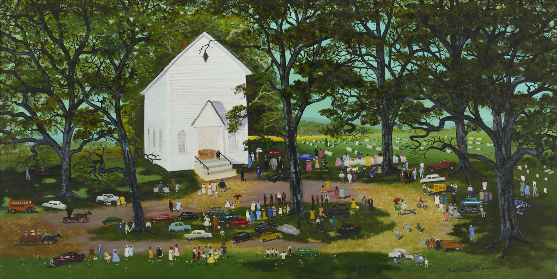 Lot 162: Large Helen Lafrance Large O/C Church Picnic Painting, 60 x 30 in