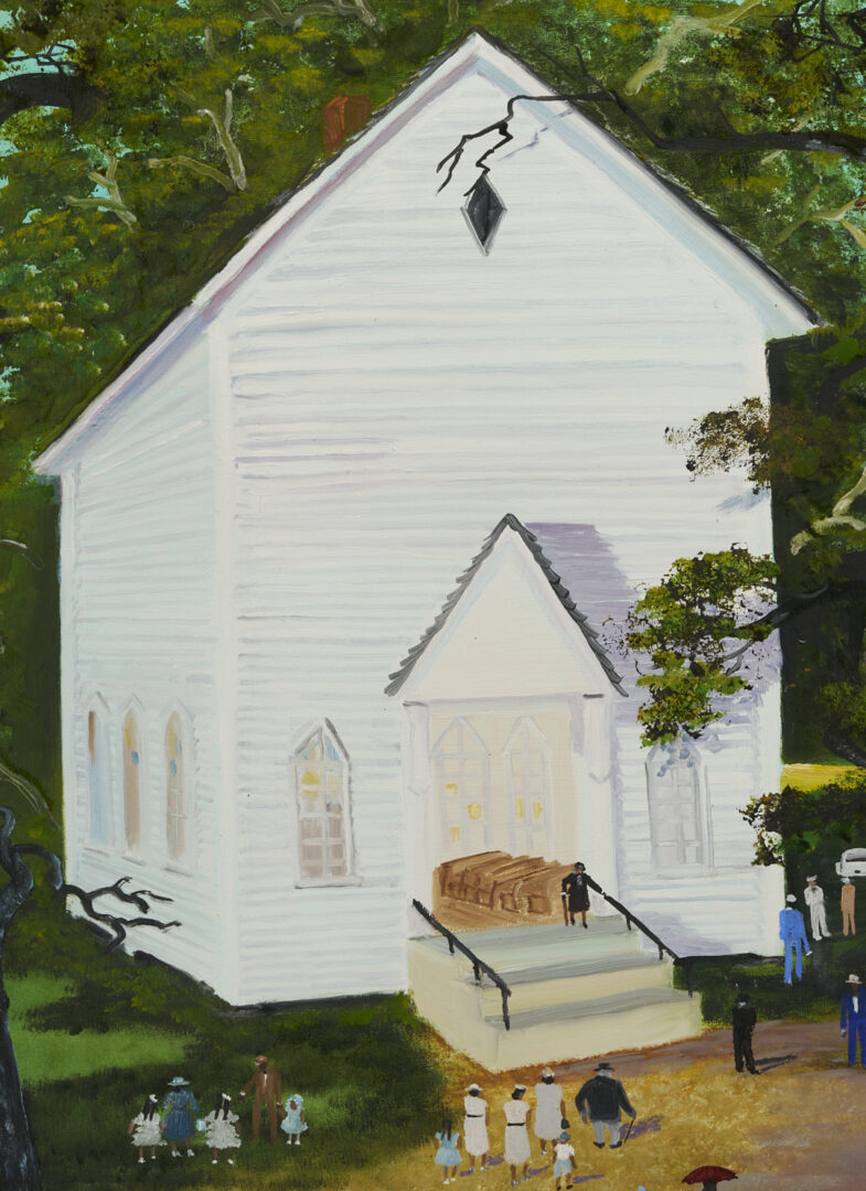 Lot 162: Large Helen Lafrance Large O/C Church Picnic Painting, 60 x 30 in