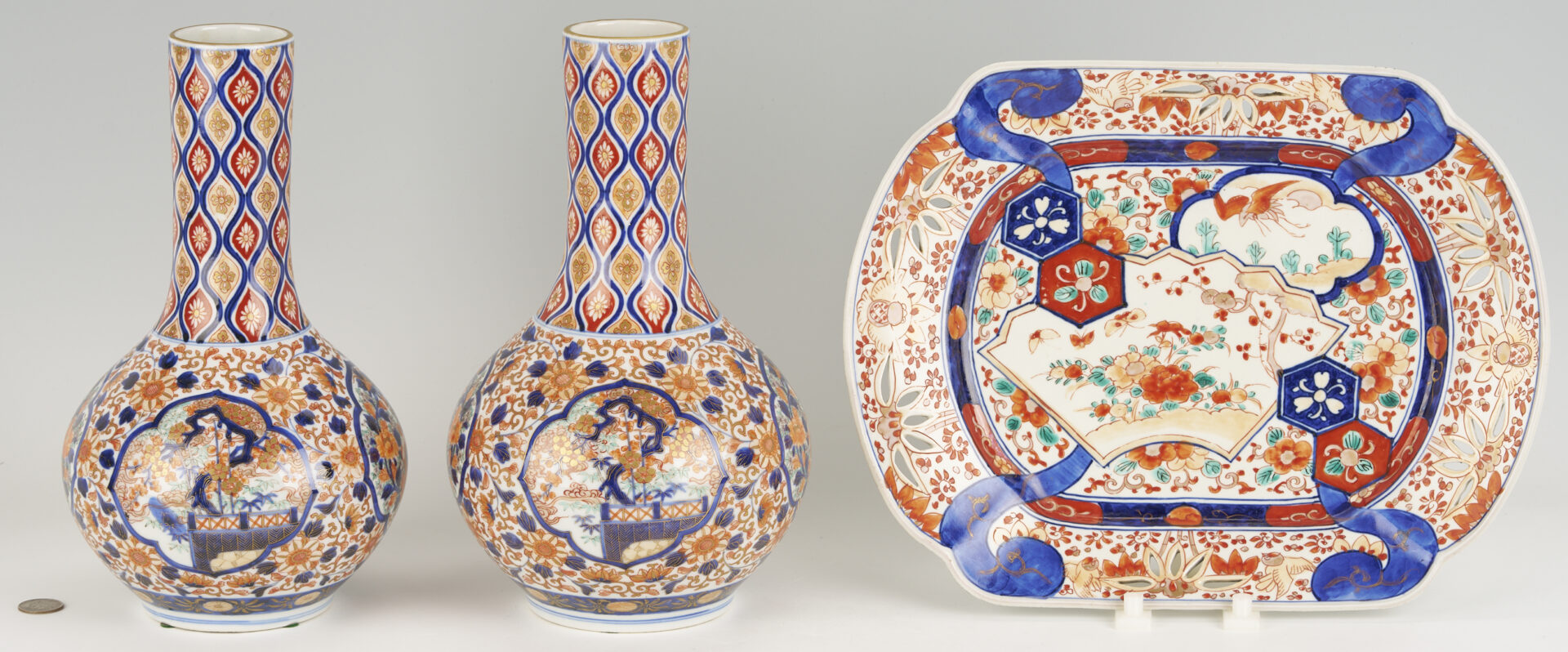 Lot 17: Pair of Imari Baluster Vases, Plus Reticulated Platter