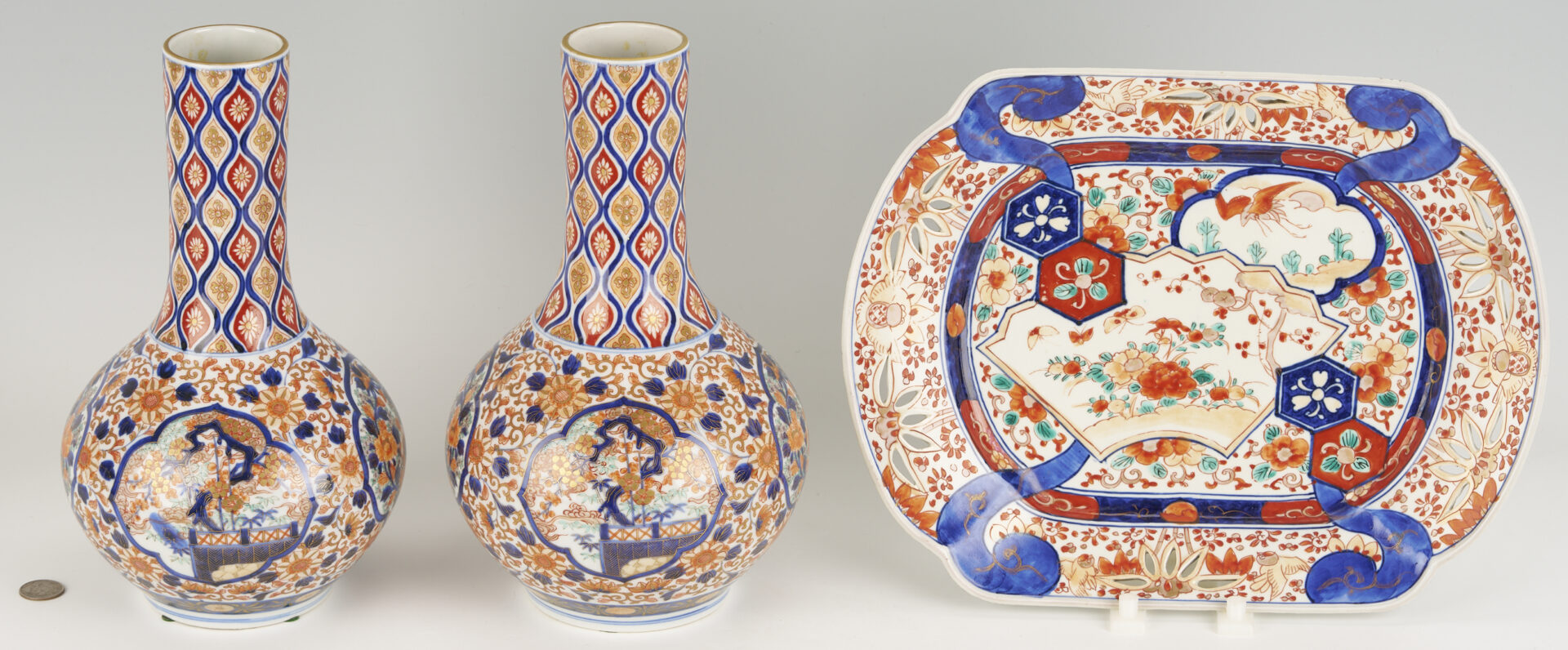 Lot 17: Pair of Imari Baluster Vases, Plus Reticulated Platter