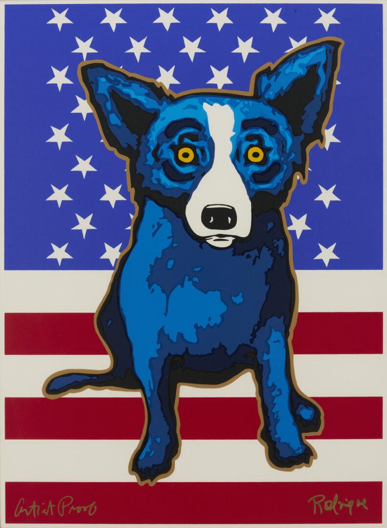 Lot 183: George Rodrigue Signed Blue Dog Serigraph, We Stand Beside Her (Patriotic Theme)