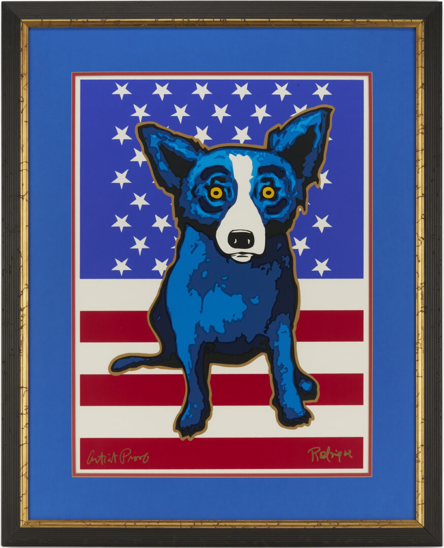 Lot 183: George Rodrigue Signed Blue Dog Serigraph, We Stand Beside Her (Patriotic Theme)