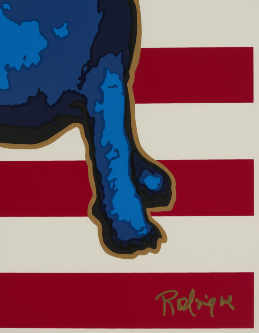 Lot 183: George Rodrigue Signed Blue Dog Serigraph, We Stand Beside Her (Patriotic Theme)