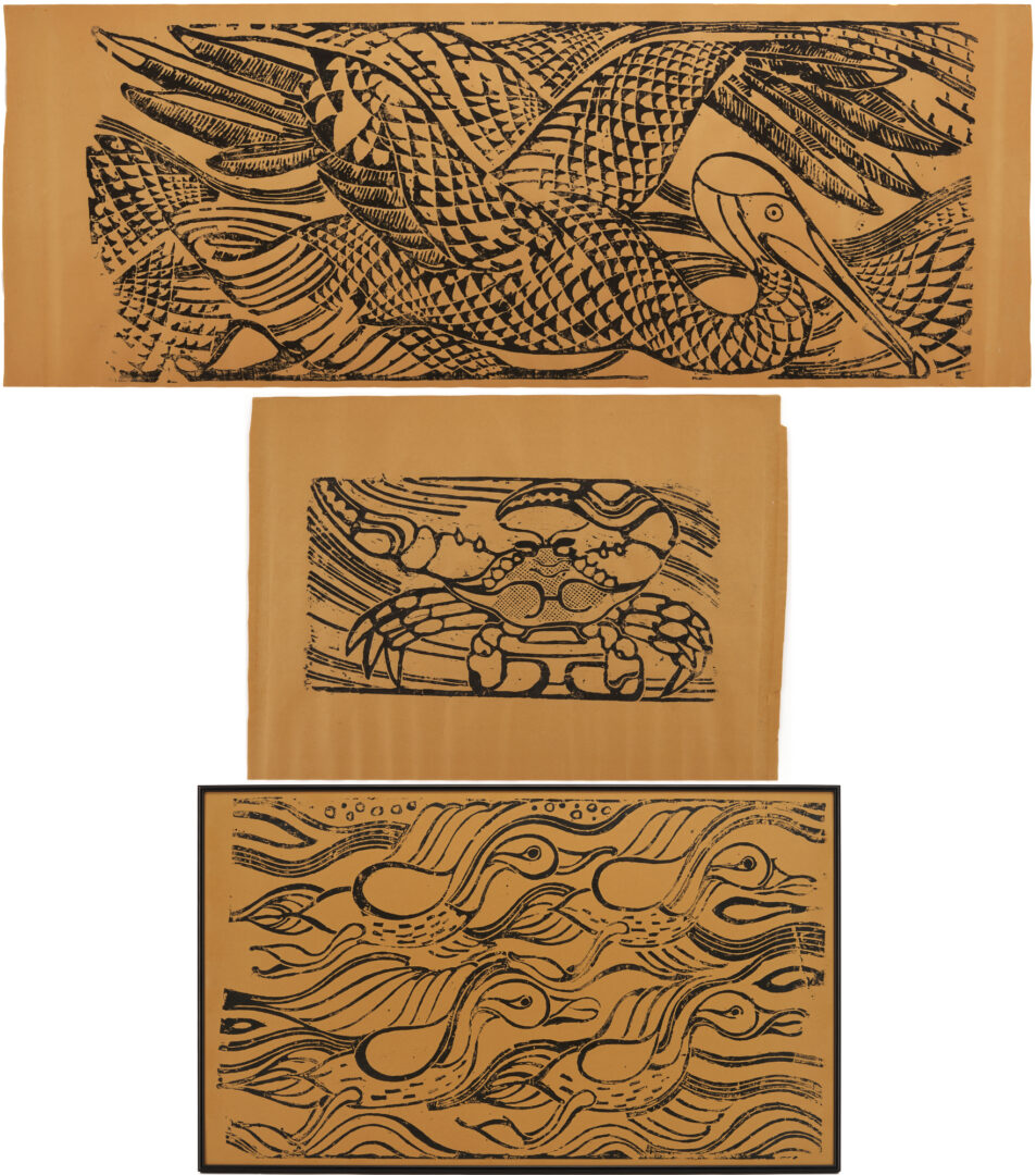 Lot 186: 3 Walter Anderson Block Prints circa 1970: Pelican, Crab, Ducks